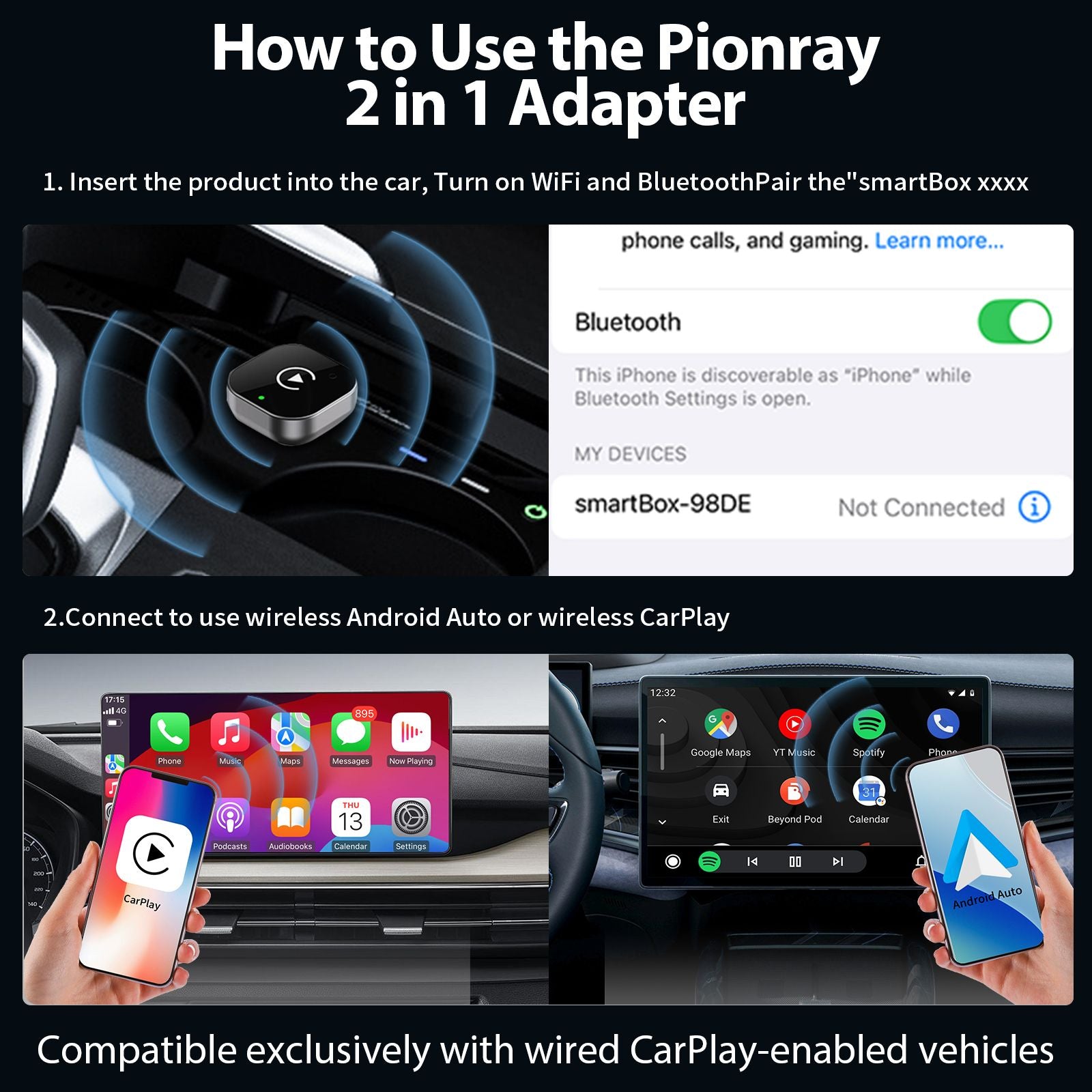 Adaptador carplay sem fio pionray 2 em 1 - Maolee