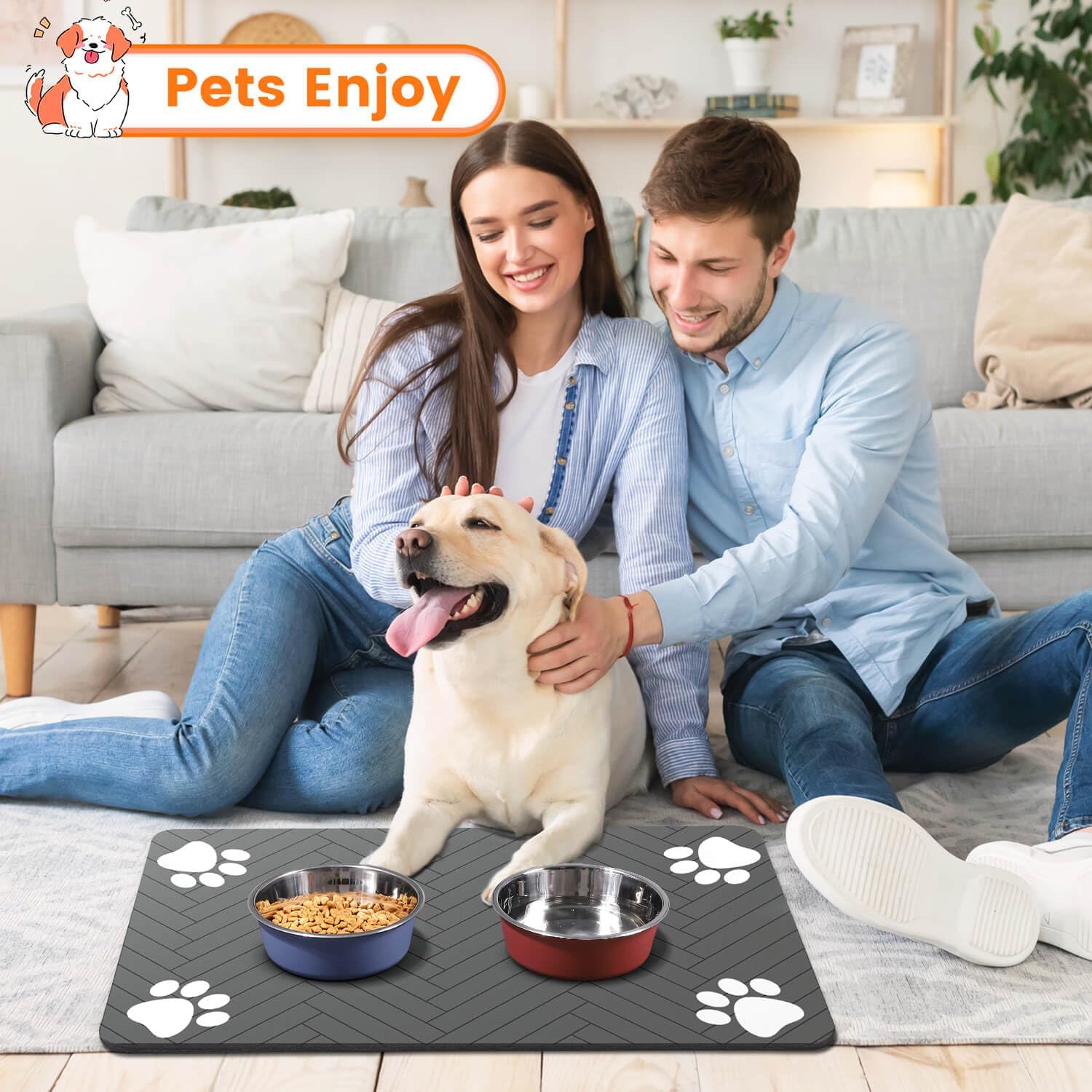 Premium Absorbent Pet Feeding Mat - Waterproof Rubber Backing for Dogs and Cats (20"x12", Striped Dark Gray)