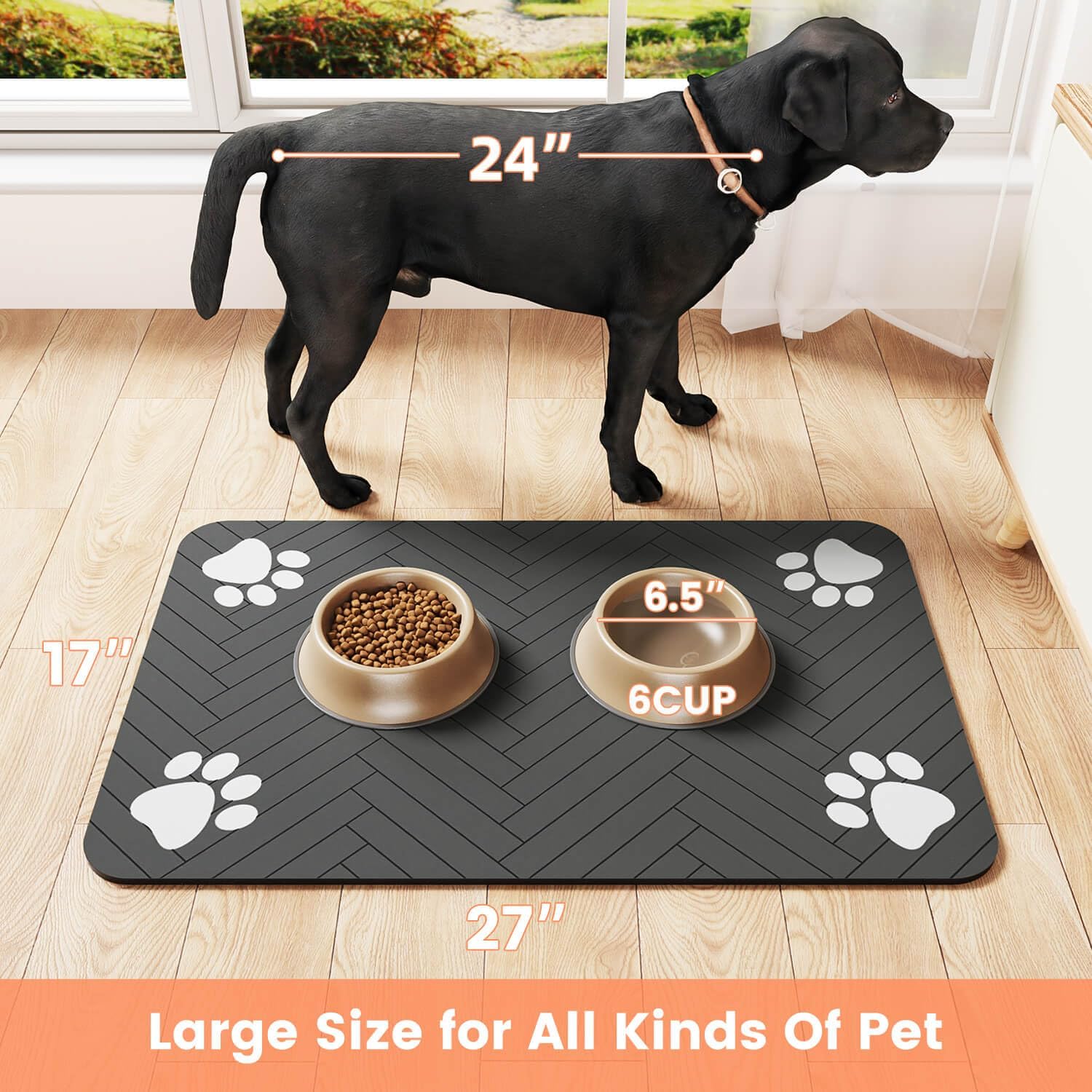 Premium Absorbent Pet Feeding Mat - Waterproof Rubber Backing for Dogs and Cats (20"x12", Striped Dark Gray)