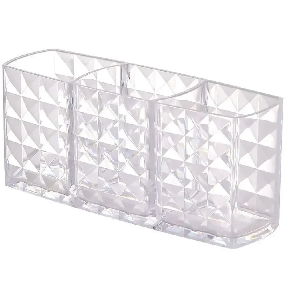 3-Compartment Crystal Cosmetic Organizer – Acrylic Makeup Brush & Lipstick Holder